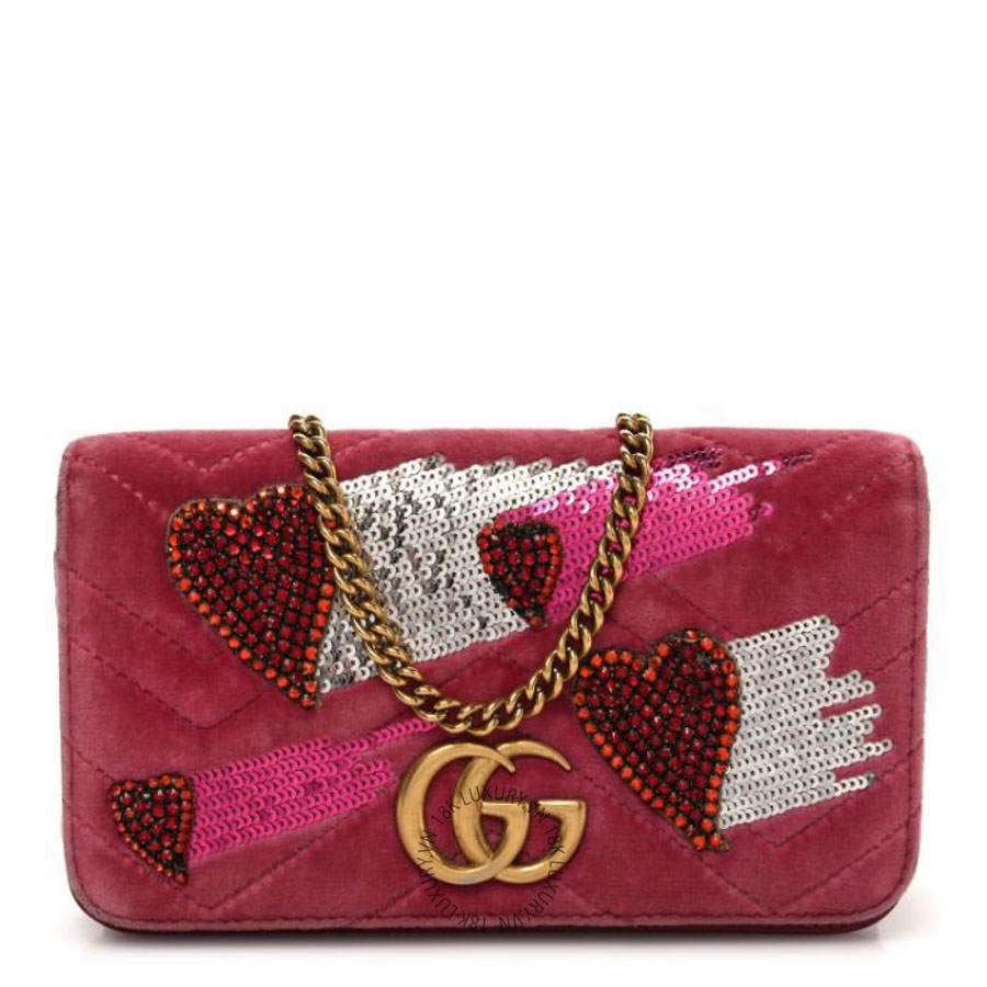 Túi đeo chéo Gucci Velvet Matelasse Crystal Sequin Heart Embroidered GG Marmont Mini Bag Light Raspberry Rose NFPG111