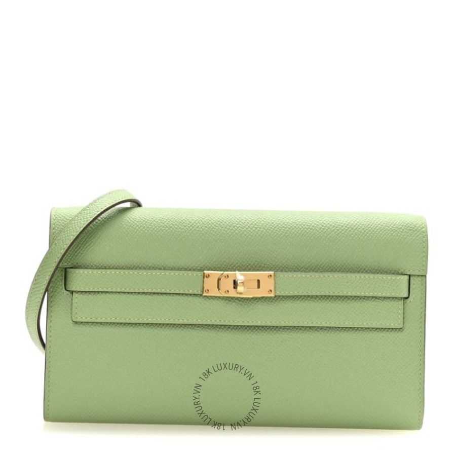 Túi Đeo Chéo Hermes Epsom Verso Kelly Wallet To Go Vert Criquet Bleu Brume TMH173