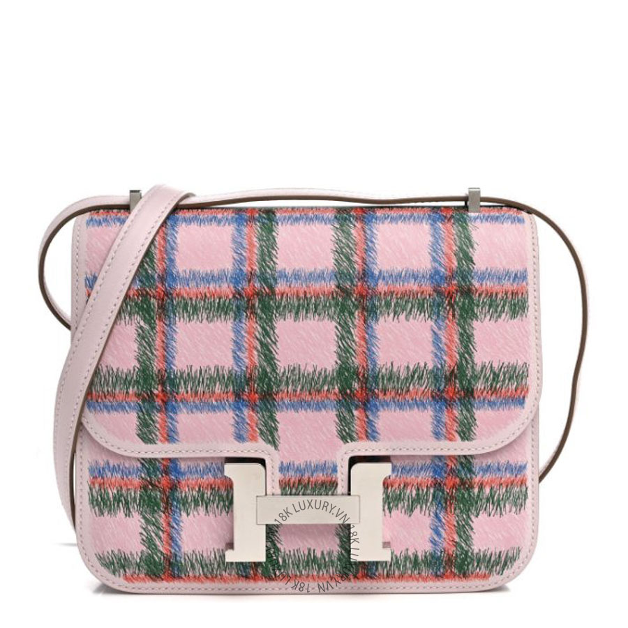 Túi Đeo Chéo Hermes Swift Tartan Printed Constance 18 Mauve Pale TMH491