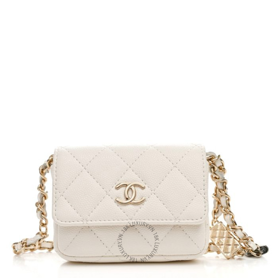 Túi Đeo Chéo Mini Chanel Caviar Quilted Belt Bag With Charms On Chain White CVB1098