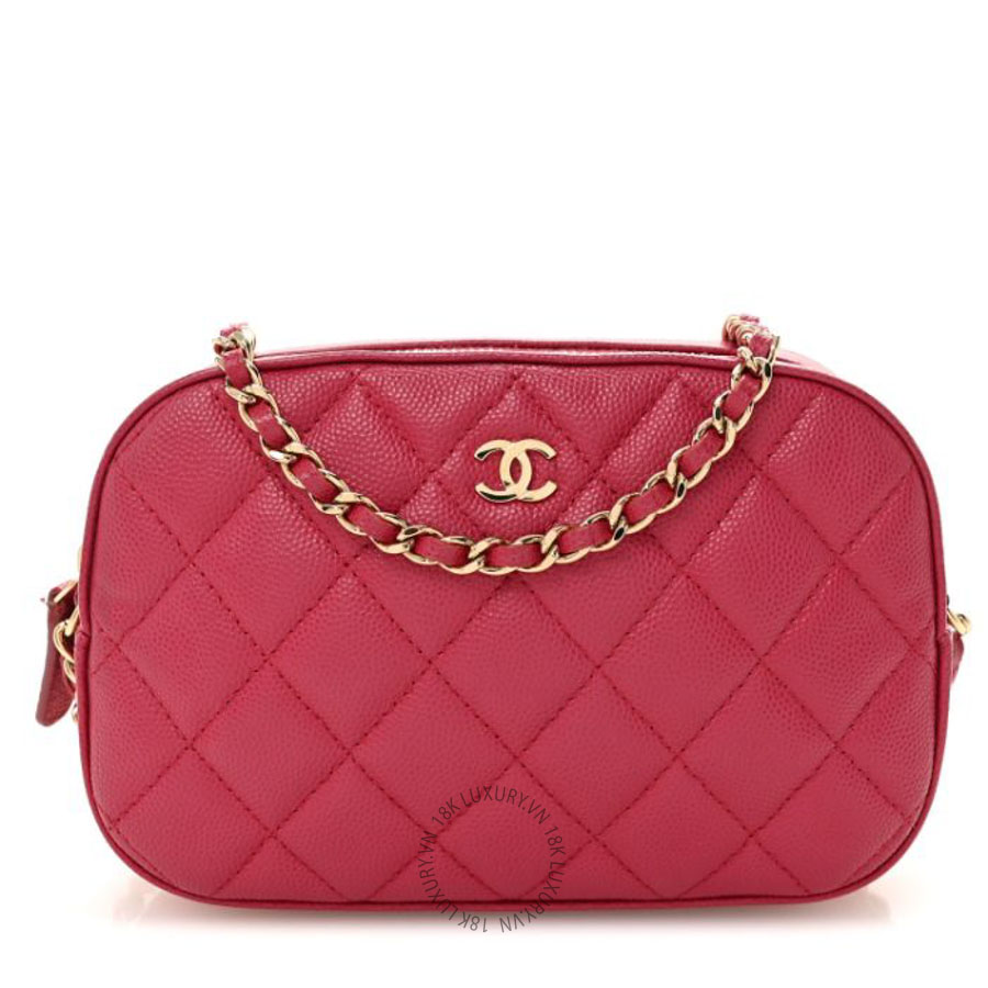 Túi đeo chéo mini Chanel Caviar Quilted Camera Case Dark Pink FPTC197