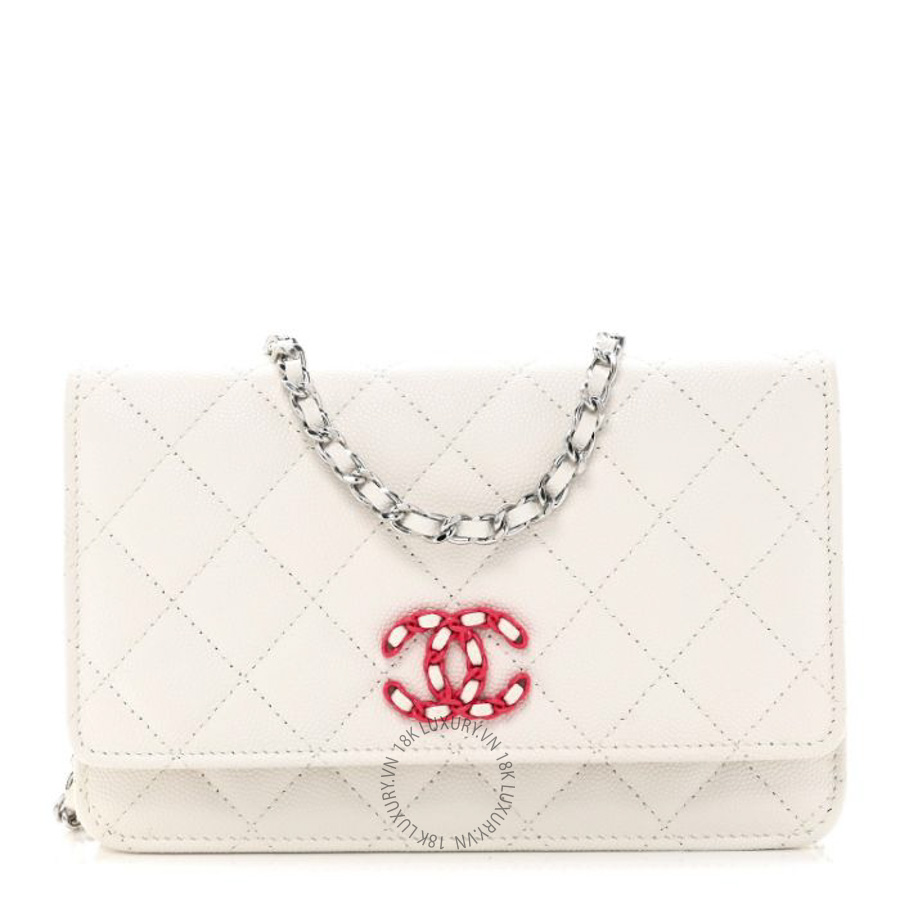 Túi đeo chéo mini Chanel Caviar Quilted Chanel 19 Wallet on Chain WOC White Pink FPTC389