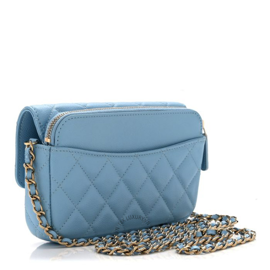 Túi đeo chéo mini Chanel Caviar Quilted Flap Phone Holder With Chain Light Blue FPTC181