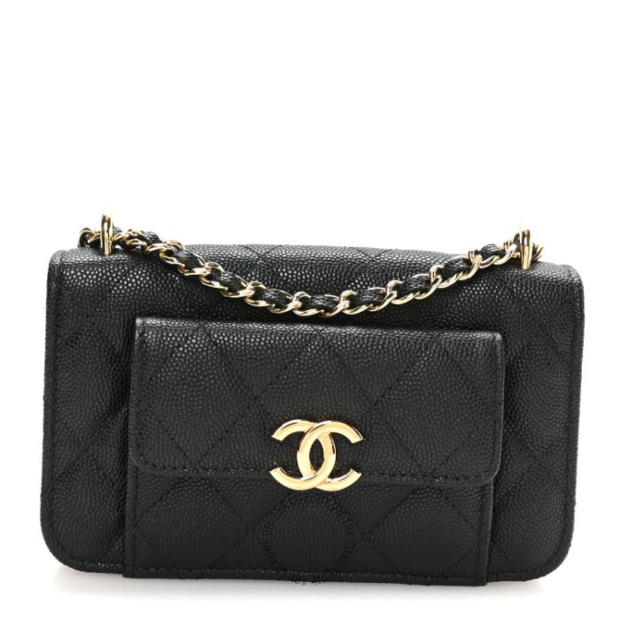Túi đeo chéo mini Chanel Caviar Quilted Pocket Twins Clutch With Chain Black FPTC834