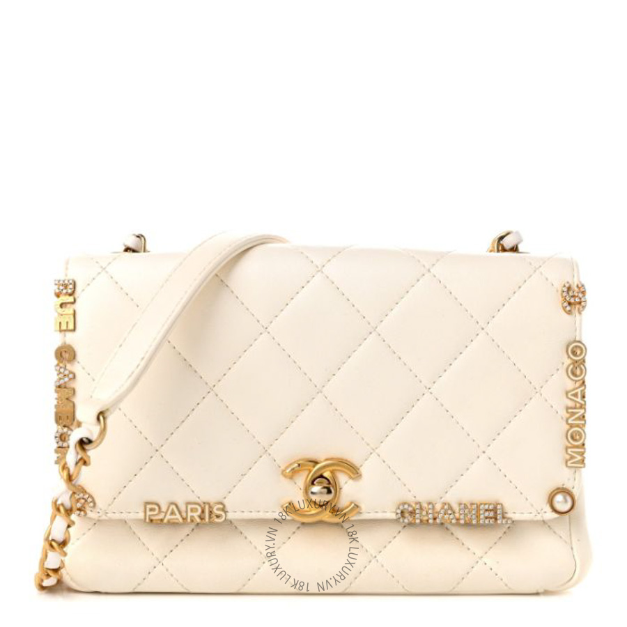 Túi Đeo Chéo Mini Chanel Lambskin Enamel Strass Quilted Mini Paris Monaco Flap White CVB616