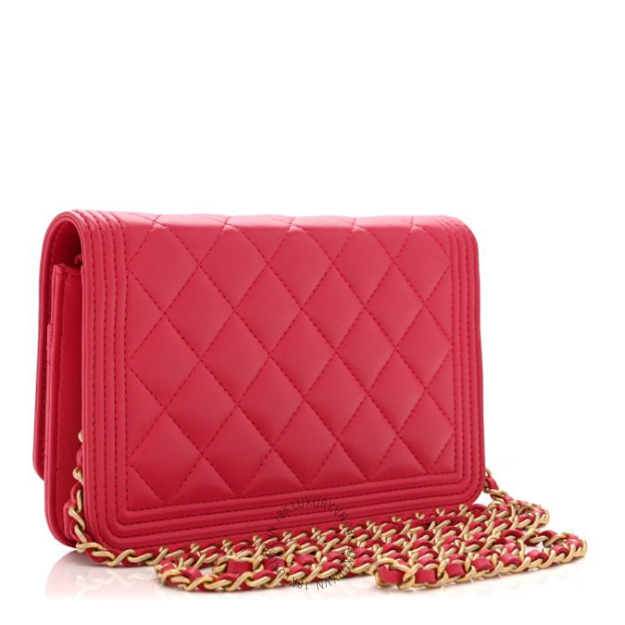 Túi đeo chéo mini Chanel Lambskin Quilted Boy Wallet On Chain WOC Dark Pink FPTC179