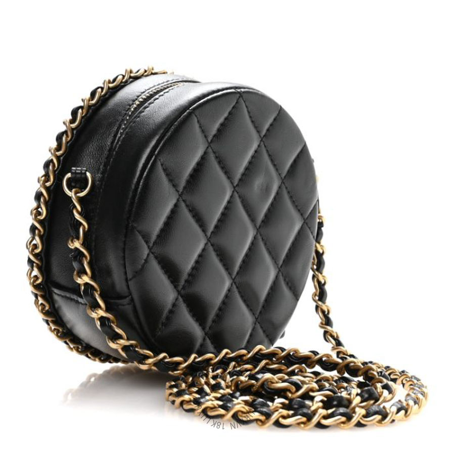 Túi Đeo Chéo Mini Chanel Lambskin Quilted Chain Around CC Round Clutch With Chain Black CVB778