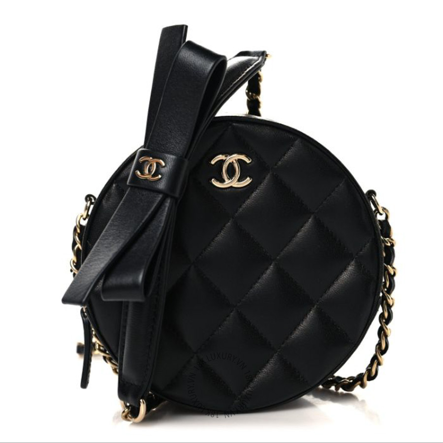 Túi Đeo Chéo Mini Chanel Lambskin Quilted Coco Bow Round Clutch With Chain Black CVB007