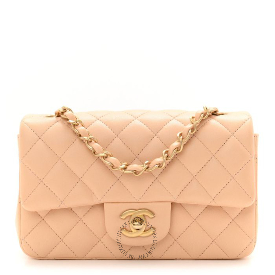 Túi đeo chéo mini Chanel Lambskin Quilted Mini Rectangular Flap Beige FPTC004