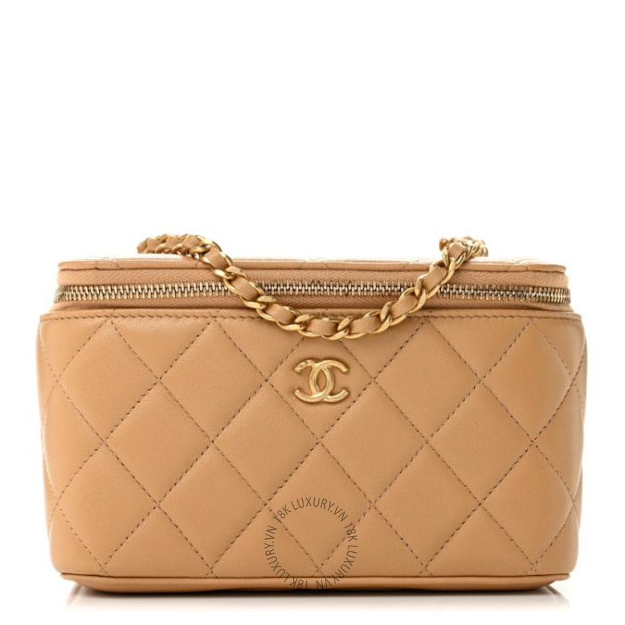 Túi đeo chéo mini Chanel Lambskin Quilted Pearl Crush Small Vanity Case With Chain Beige FPTC320