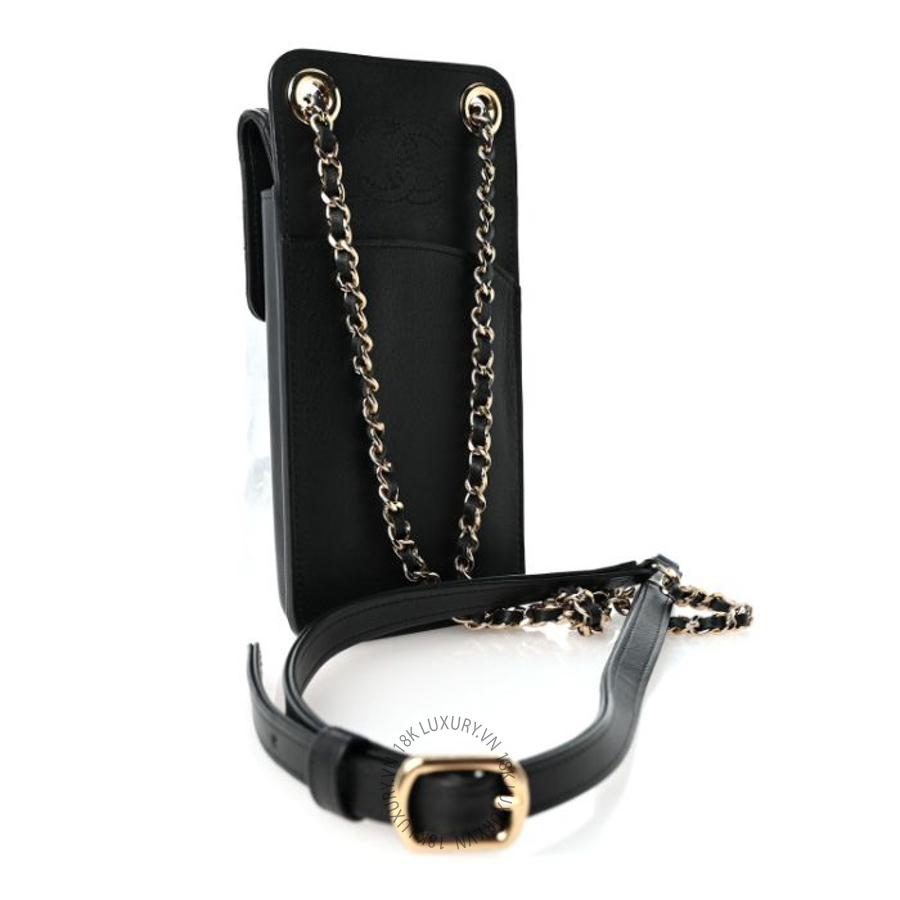 Túi đeo chéo mini Chanel Lambskin Quilted Phone Holder Flap With Chain Black FPTC259
