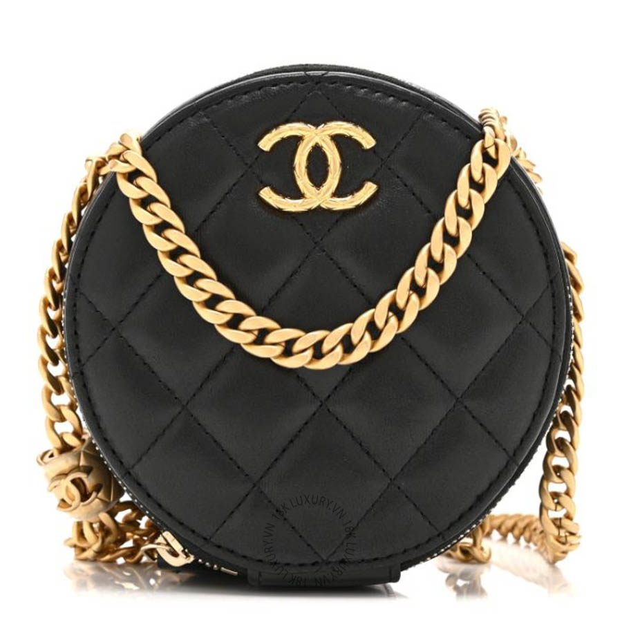 Túi Đeo Chéo Mini Chanel Lambskin Quilted Pillow Crush Round Clutch With Chain Black CVB1148
