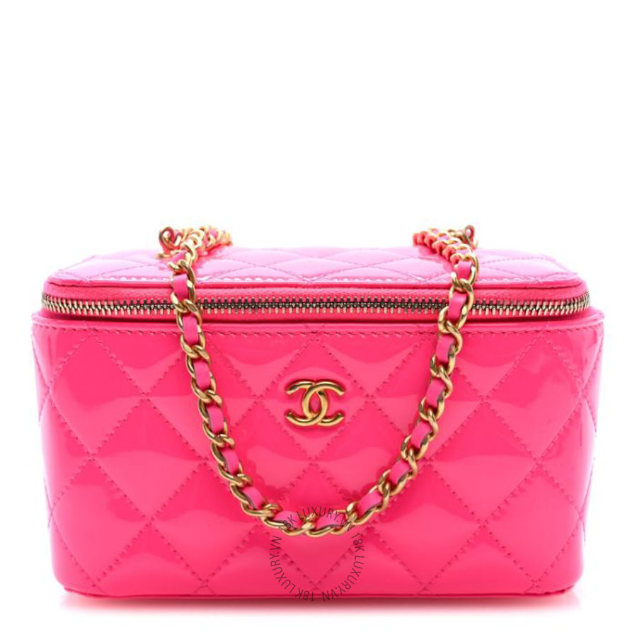 Túi đeo chéo mini Chanel Patent Quilted Pearl Crush Small Vanity Case With Chain Neon Pink FPTC195