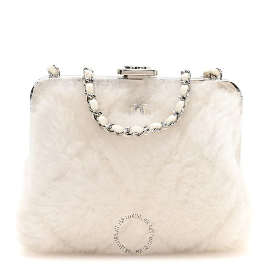 Túi đeo chéo mini Chanel Shearling Sheepskin Lambskin Quilted Clutch With Chain White FPTC310