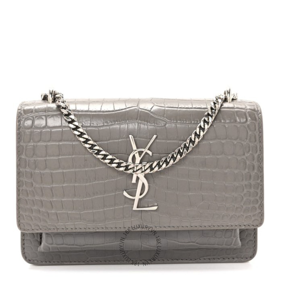 Túi Đeo Chéo Yves Saint Laurent Calfskin Crocodile Embossed Monogram Sunset Chain Wallet Grey ZZN291