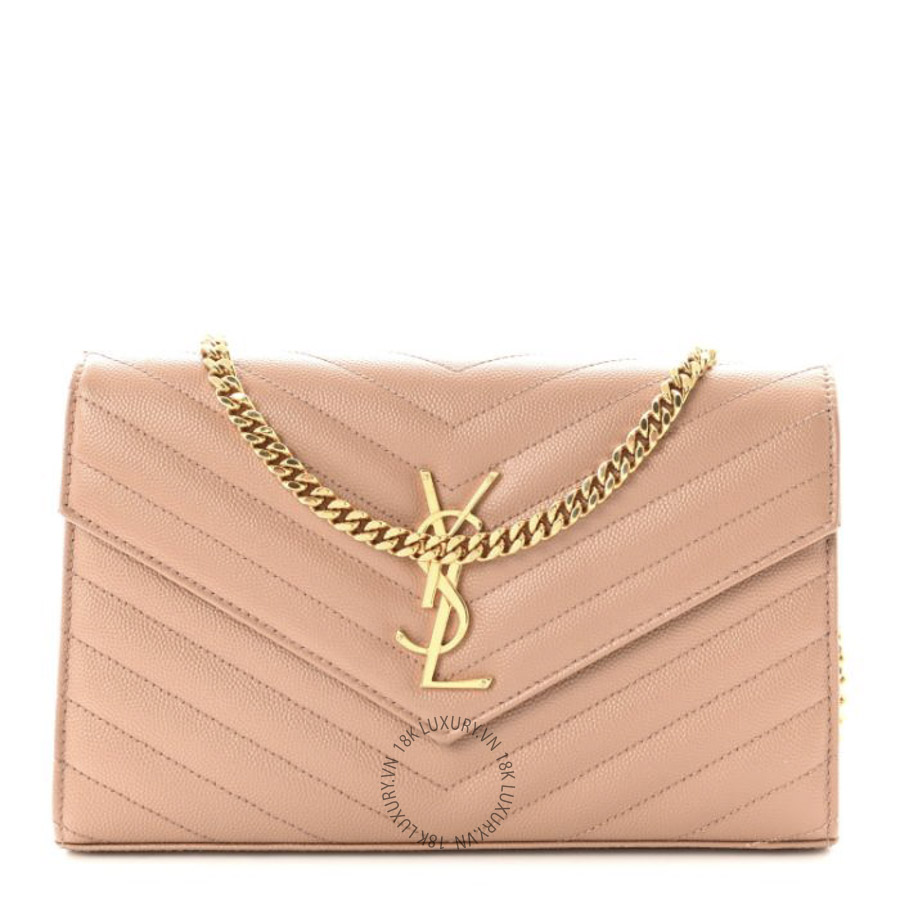 Túi Đeo Chéo Yves Saint Laurent Grain De Poudre Matelasse Chevron Monogram Chain Wallet Vintage Peach ZZN912