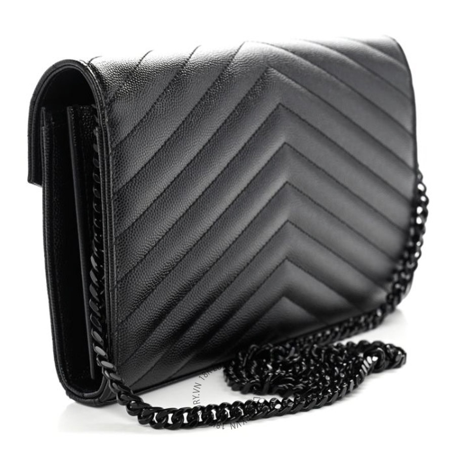 Túi Đeo Chéo Yves Saint Laurent Grain De Poudre Matelasse Chevron Monogram Monochrome Envelope Chain Wallet Black ZZN196
