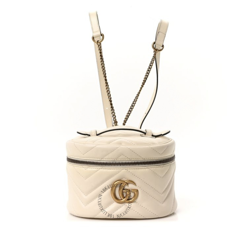 Túi Hộp Gucci Calfskin Matelasse Mini GG Marmont Round Backpack White GDCB256