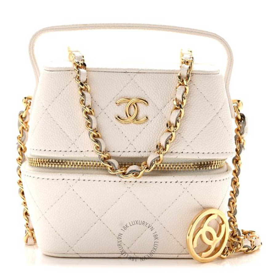 Túi Hộp Xách Đeo Chéo Chanel Caviar Quilted Vanity With Chain White CVB1103