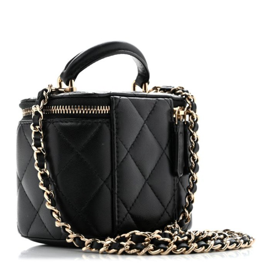 Túi Hộp Xách Đeo Chéo Mini Chanel Lambskin Quilted Top Handle Mini Vanity Case With Chain Black CVB705