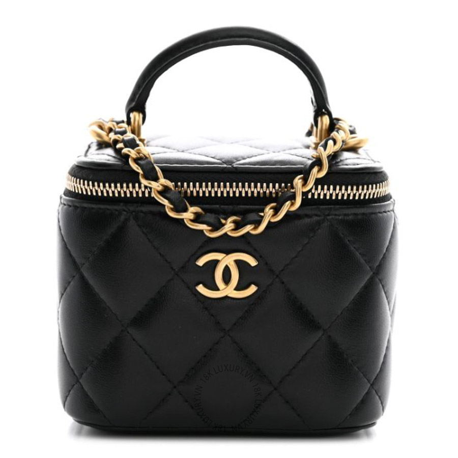 Túi Hộp Xách Đeo Chéo Mini Chanel Lambskin Quilted Top Handle Mini Vanity Case With Chain Black CVB999