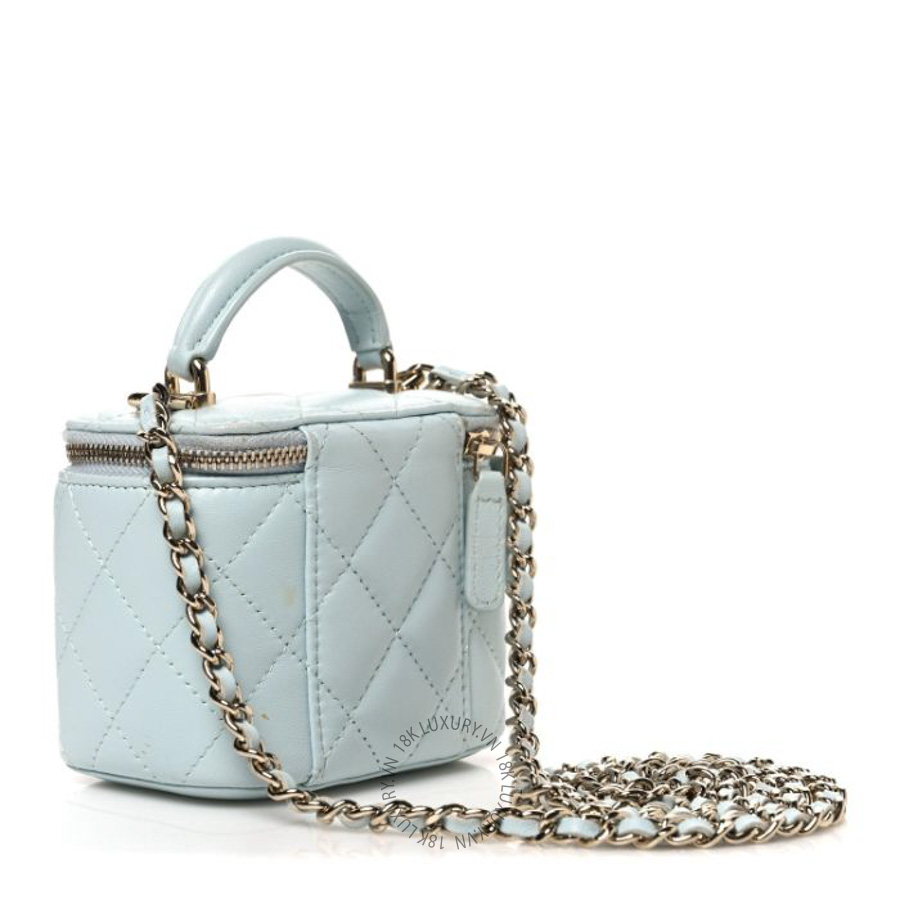 Túi Hộp Xách Đeo Chéo Mini Chanel Lambskin Quilted Top Handle Mini Vanity Case With Chain Light Blue CVB980