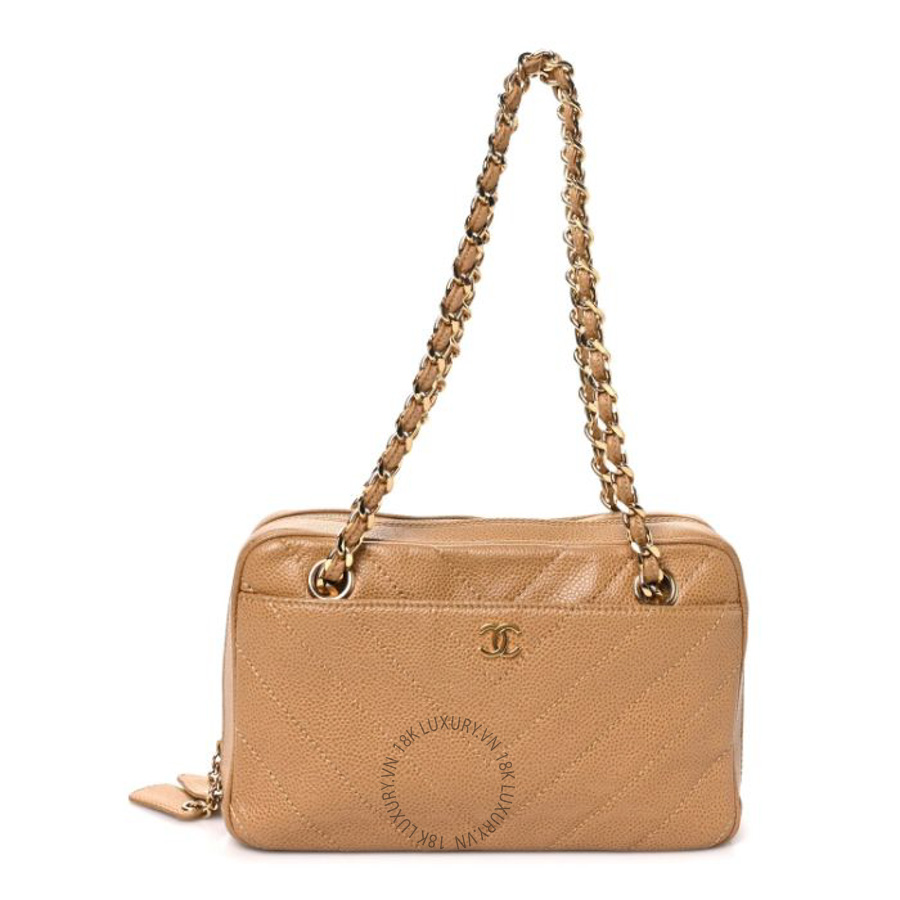 Túi mini Chanel Caviar Chevron Quilted Camera Case Beige FPTC392