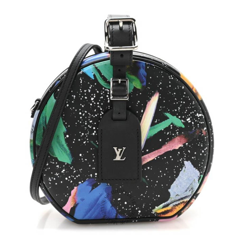 Túi tròn LV Calfskin Splash Print Petite Boite Chapeau Black QWE1171