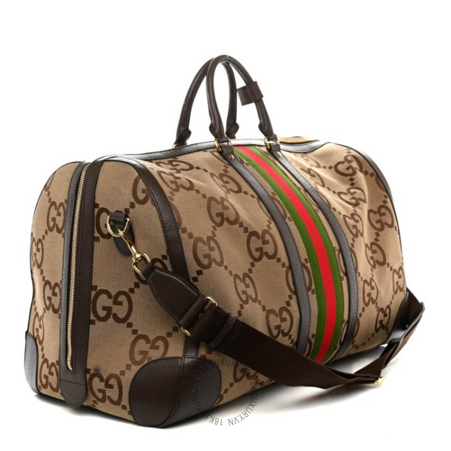 Túi trống Gucci Monogram Jumbo GG Textured Dollar Calfskin Web Maxi Duffle Bag Camel Ebony GGC203