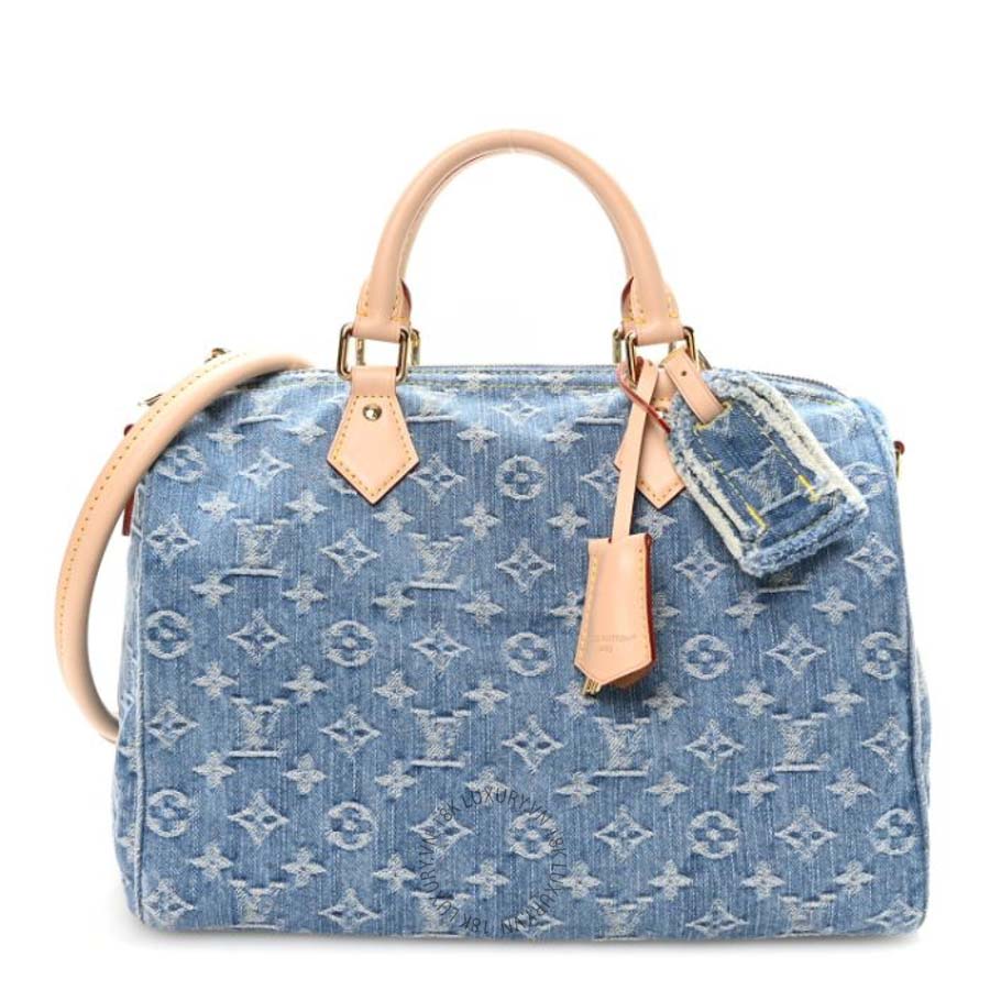 Túi trống xách đeo chéo Louis Vuitton Monogram Denim Speedy Soft 30 Blue QWE822