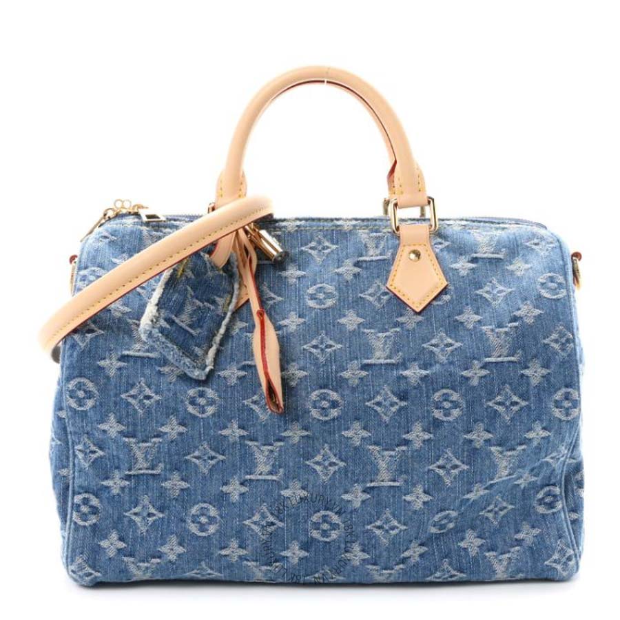 Túi trống xách đeo chéo LV Monogram Denim Speedy Soft 30 Blue QWE865