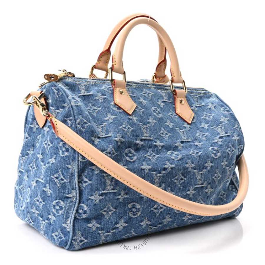 Túi trống xách đeo chéo LV Monogram Denim Speedy Soft 30 Blue QWE869