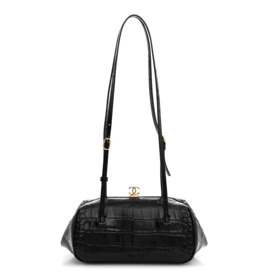 Túi Xách Chanel Calfskin Crocodile Embossed Pretty CC Clutch With Strap Black CVB597