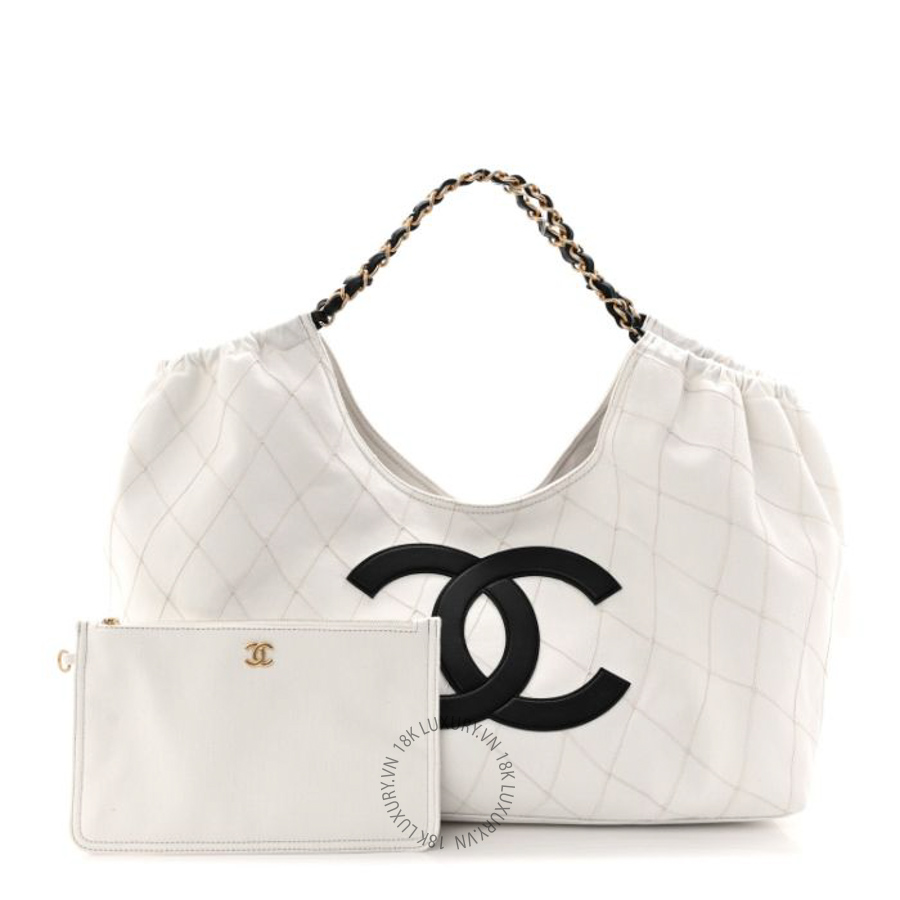 Túi Xách Chanel Denim Calfskin Quilted Coco Beach Small Shopping Tote White Black CVB174