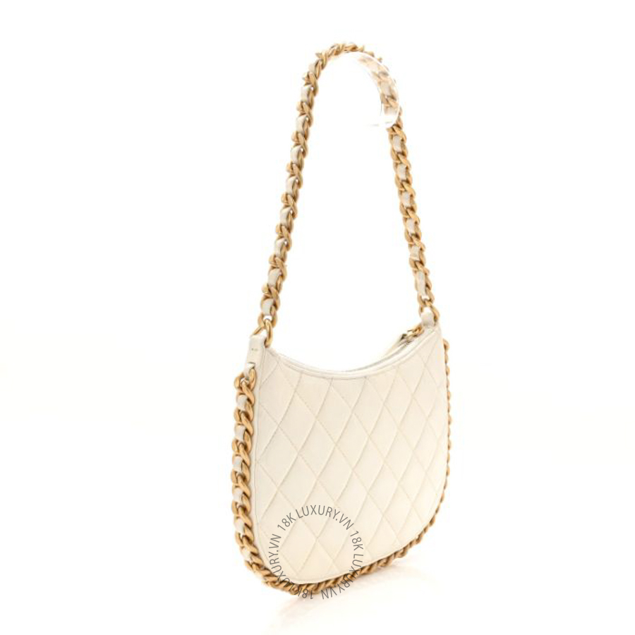 Túi Xách Chanel Shiny Crumpled Lambskin Quilted Trendy Chain Around Hobo White CVB399