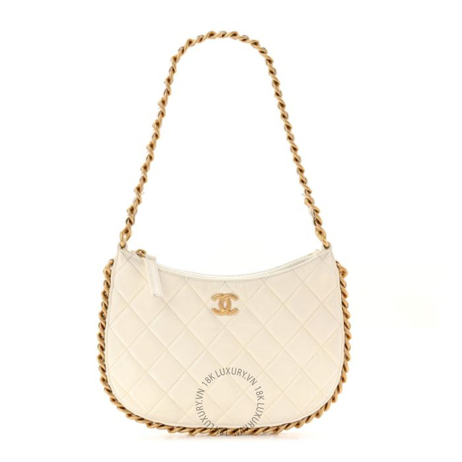 Túi Xách Chanel Shiny Crumpled Lambskin Quilted Trendy Chain Around Hobo White CVB399