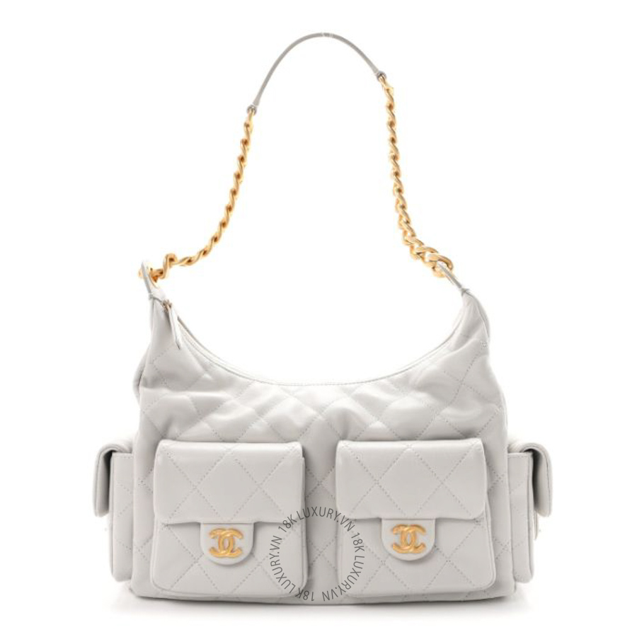 Túi xách Chanel Shiny Lambskin Quilted Large Trendy Pockets Hobo Light Grey FPTC539