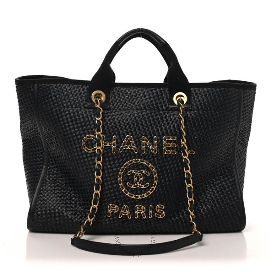 Túi Xách Chanel Straw Raffia Calfskin Chain Medium Deauville Tote Black CVB835