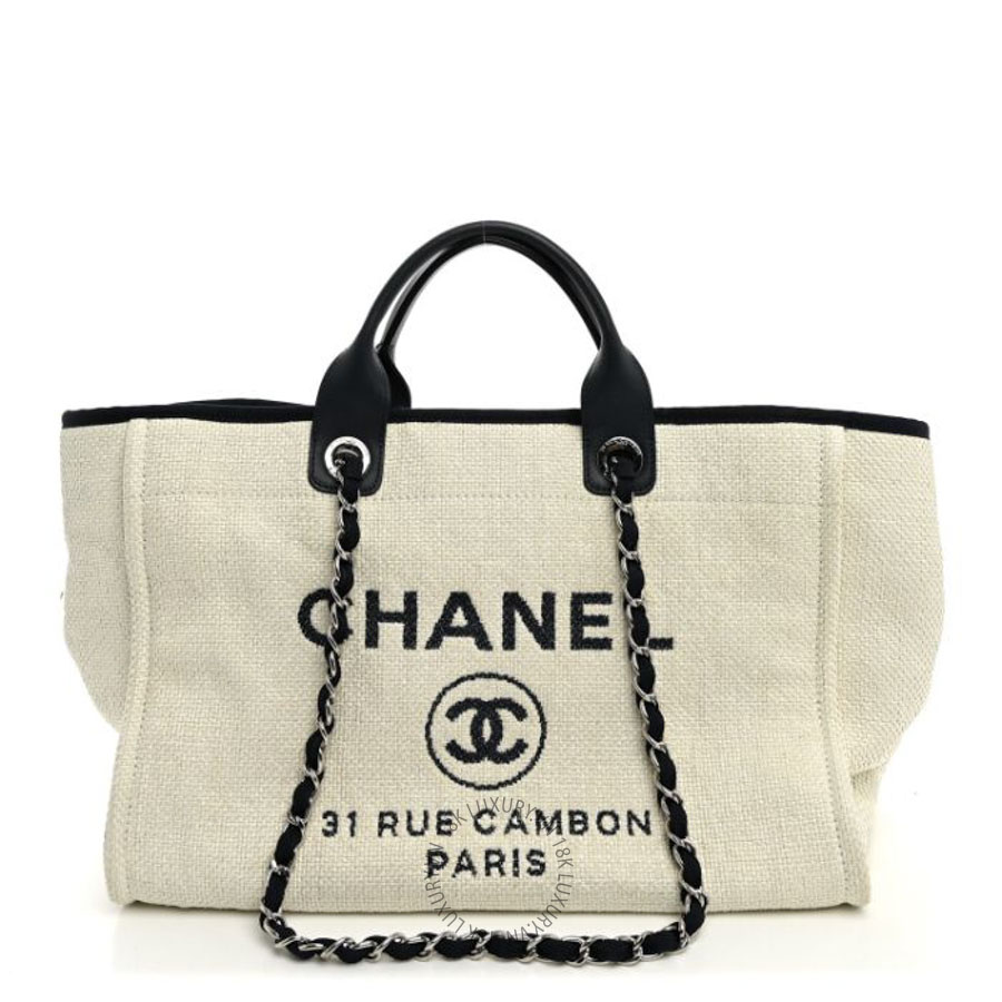 Túi xách Chanel Woven Straw Raffia Medium Deauville Tote White Navy FPTC683