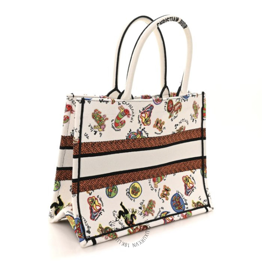 Túi Xách Christian Dior Canvas Embroidered Dragon Zodiac Medium Book Tote White Multicolor SPSS281