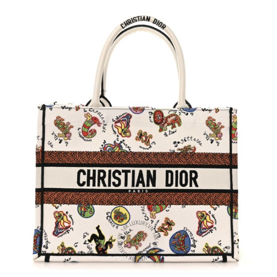 Túi Xách Christian Dior Canvas Embroidered Dragon Zodiac Medium Book Tote White Multicolor SPSS281