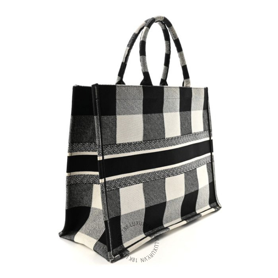 Túi Xách Christian Dior Canvas Embroidered Large Checkered Book Tote Black White SPSS144
