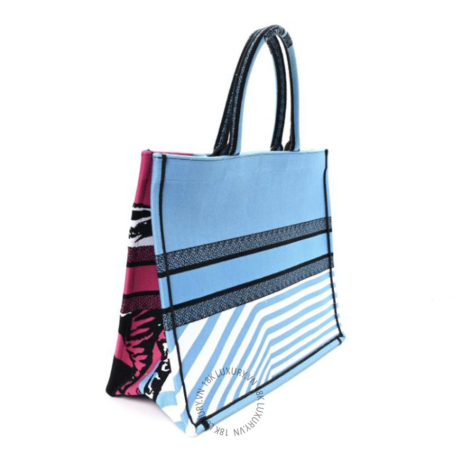 Túi Xách Christian Dior Canvas Embroidered Large Jungle Pop Book Tote Blue Multicolor SPSS030