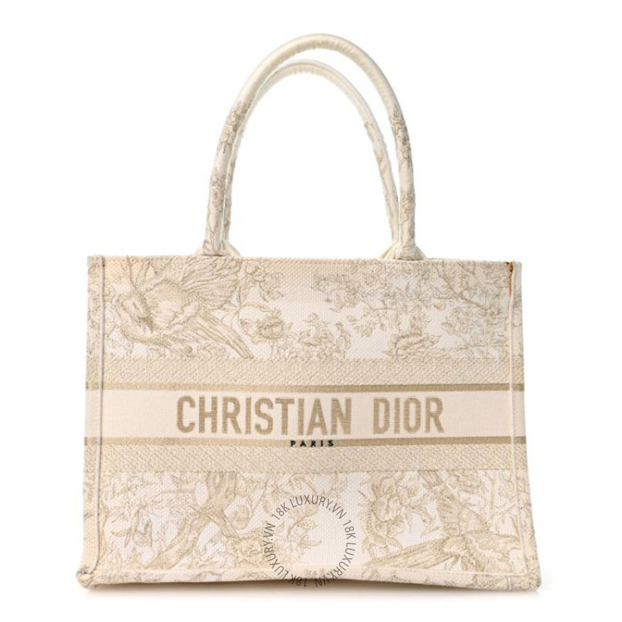 Túi xách Christian Dior Canvas Embroidered Medium Jardin D'Hiver Book Tote White Gold FPTD192
