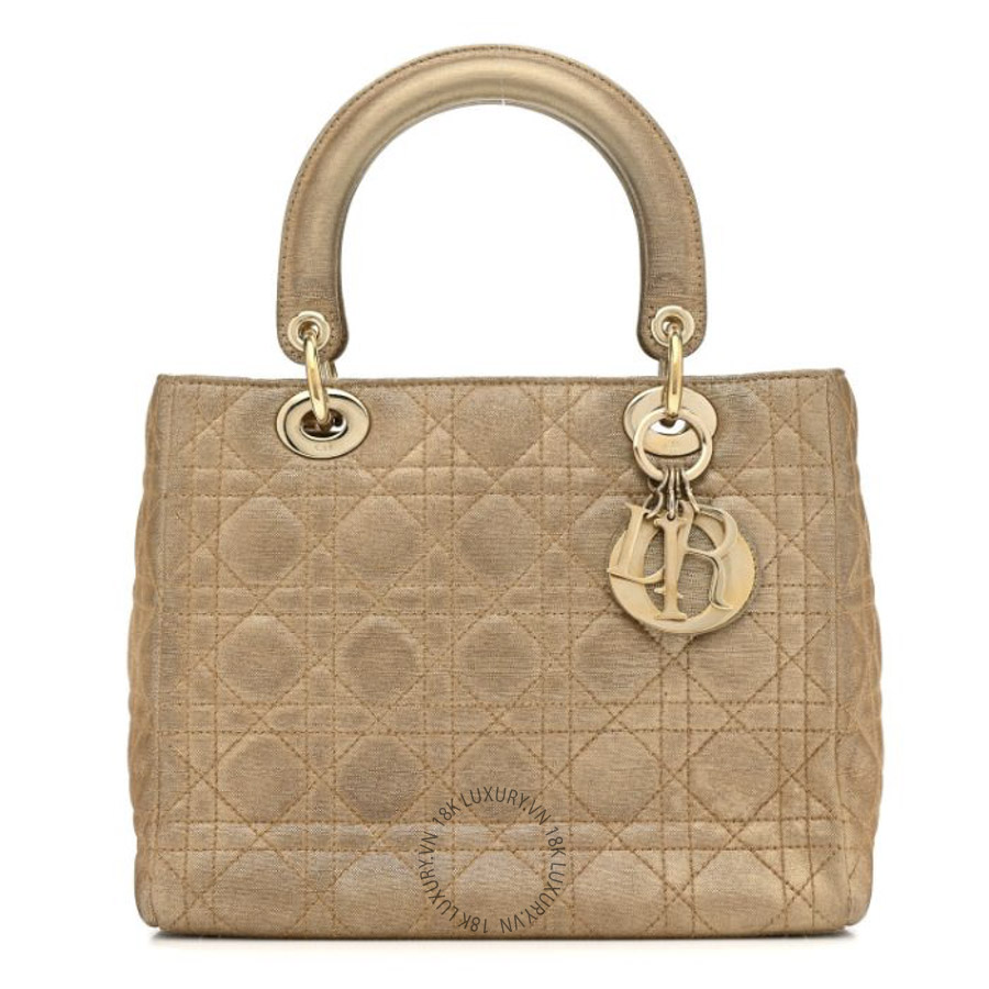 Túi Xách Christian Dior Metallic Nylon Cannage Medium Lady Dior Gold SPSS182