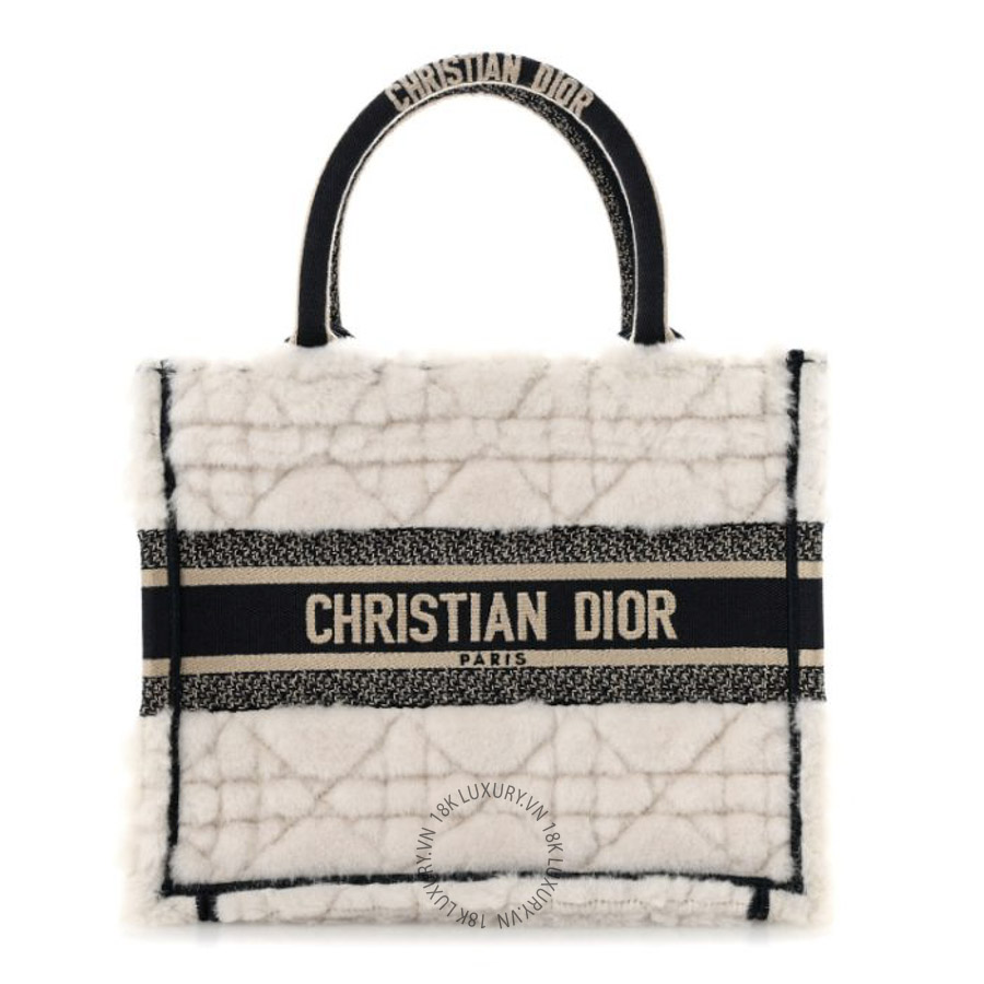 Túi Xách Christian Dior Shearling Cannage Small Book Tote Ecru Blue SPSS225