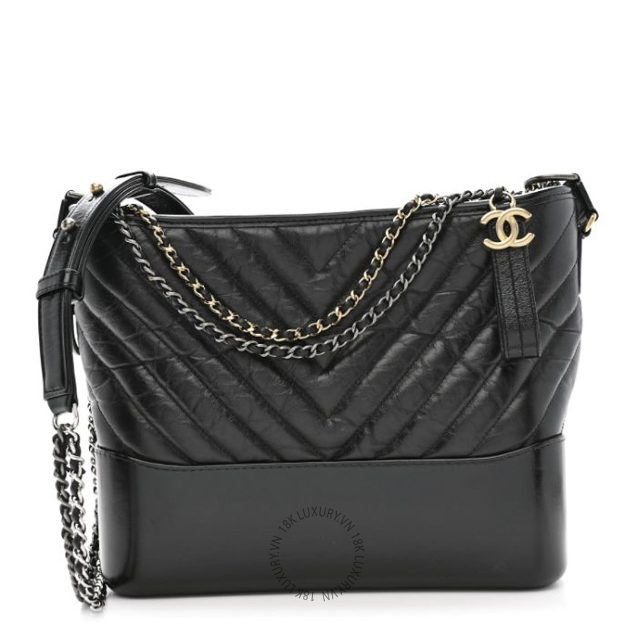 Túi Xách Đeo Chéo Chanel Aged Calfskin Chevron Quilted Medium Gabrielle Hobo Black CVB262