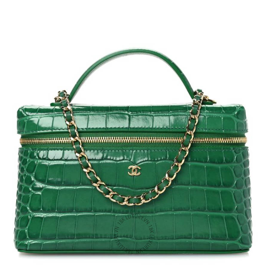 Túi xách đeo chéo Chanel Calfskin Crocodile Embossed Crococo Exoticoco Vanity With Chain Emerald FPTC326