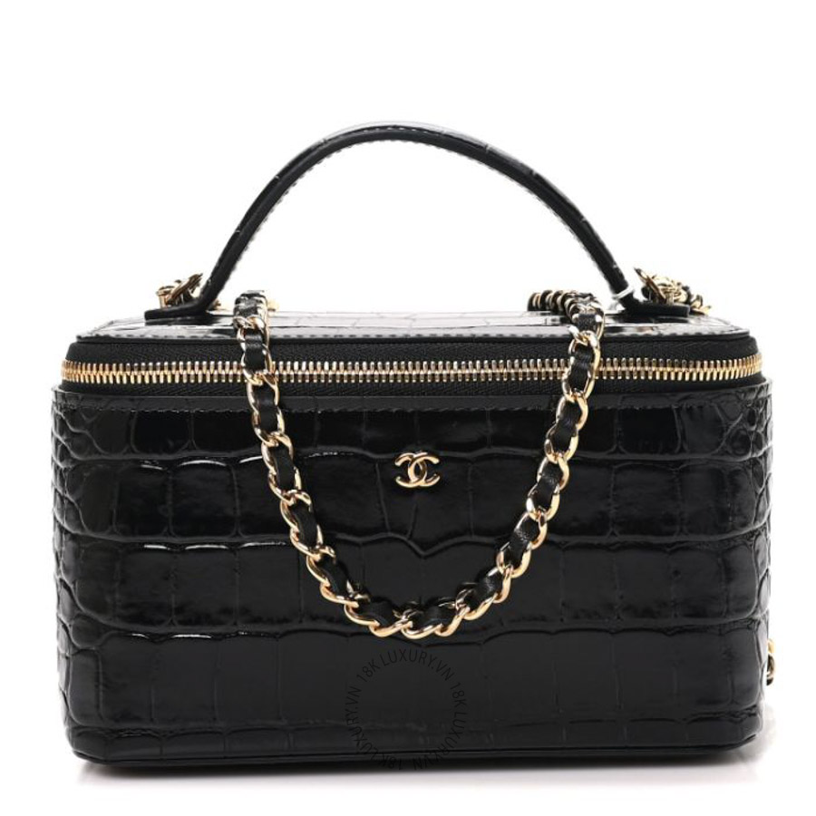 Túi xách đeo chéo Chanel Calfskin Crocodile Embossed Crococo Small Top Handle Vanity Case With Chain Black FPTC067