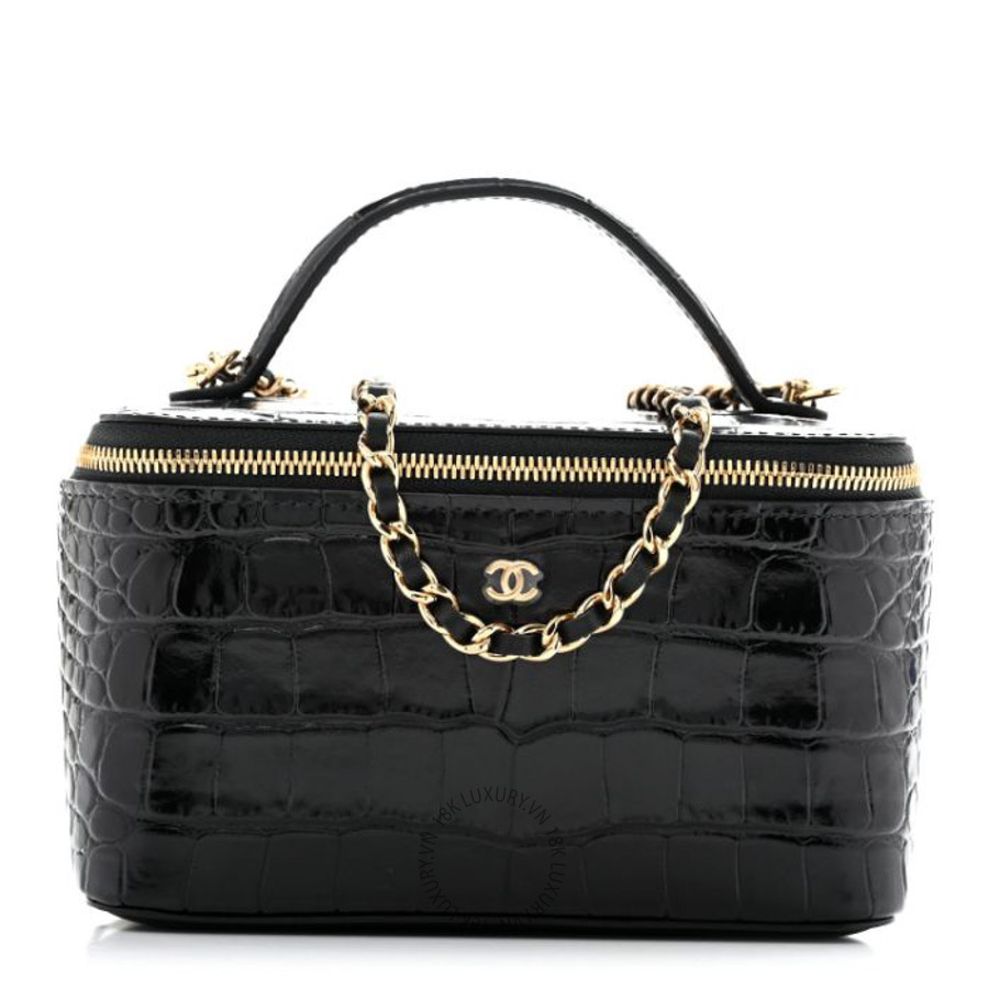 Túi xách đeo chéo Chanel Calfskin Crocodile Embossed Crococo Small Top Handle Vanity Case With Chain Black FPTC109